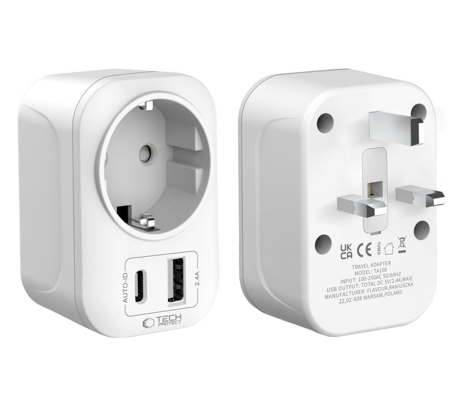 Nettlader Tech-Protect TA100 Travel UK, 20W, 3A, 1 x Schuko - 1 x USB-A - 1 x USB-C, Hvit