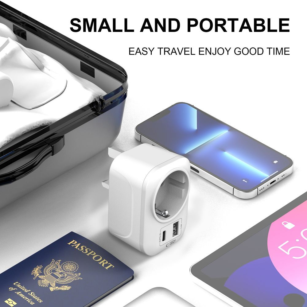 Nettlader Tech-Protect TA100 Travel UK, 20W, 3A, 1 x Schuko - 1 x USB-A - 1 x USB-C, Hvit