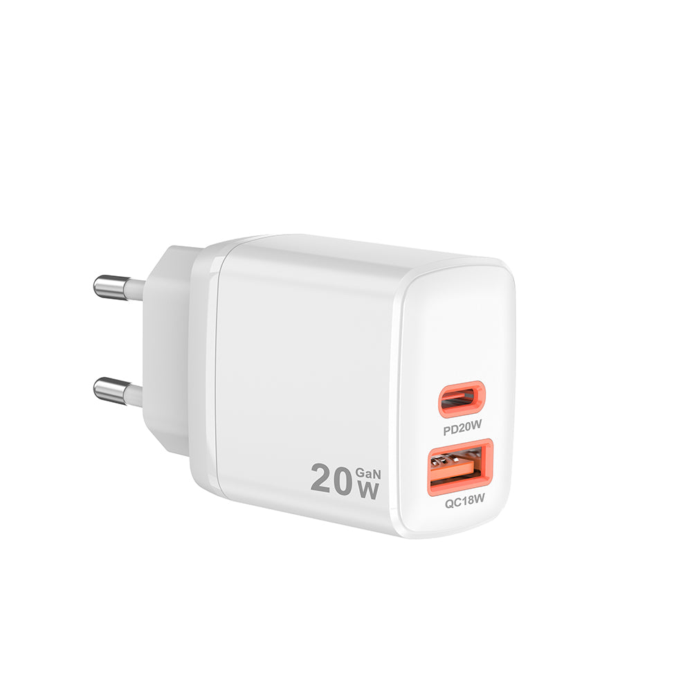 Techsuit CH2 Duonix nettverkslader, 20W, 3A, 1 x USB-A - 1 x USB-C, Hvit