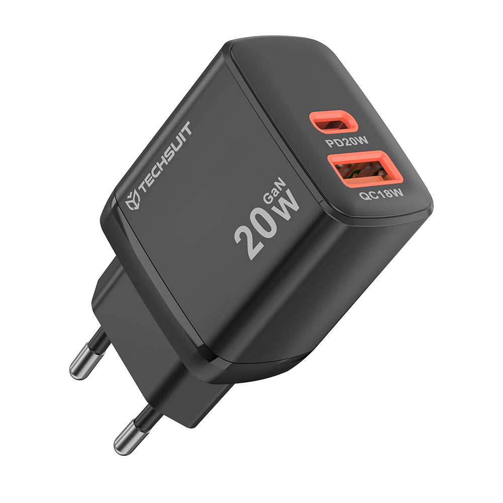 Techsuit CH2 Duonix Nettlader, 20W, 3A, 1 x USB-A - 1 x USB-C, Svart