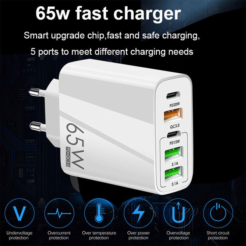 Nettlader Techsuit CHC2 PentaXPower, 20W, 3A, 3 x USB-A - 2 x USB-C, Svart