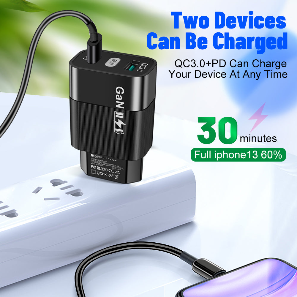 Nettlader Techsuit CHPD131, 65W, 3.25A, 1 x USB-A - 1 x USB-C, Svart