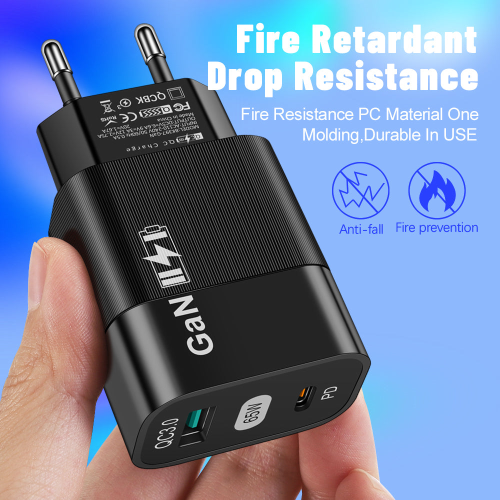 Nettlader Techsuit CHPD131, 65W, 3.25A, 1 x USB-A - 1 x USB-C, Svart