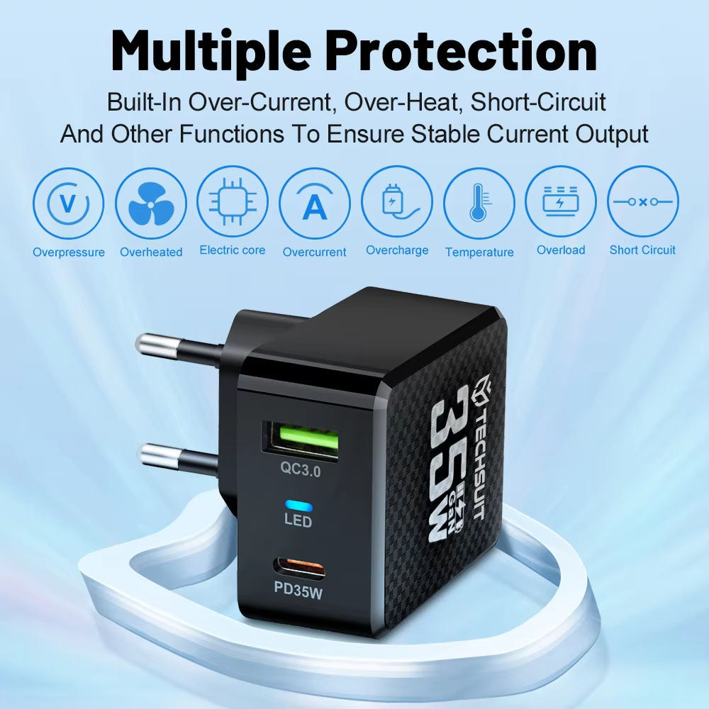 Nettlader Techsuit CHPD173 Tiny, 35W, 3A, 1 x USB-A - 1 x USB-C, Svart