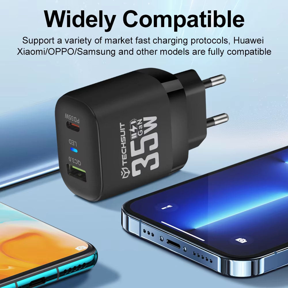 Nettlader Techsuit CHPD174, 35W, 3A, 1 x USB-A - 1 x USB-C, Hvit