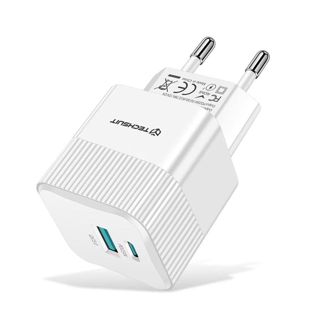 Nettlader Techsuit CHPD216 Tiny, 25W, 3A, 1 x USB-A - 1 x USB-C, Hvit