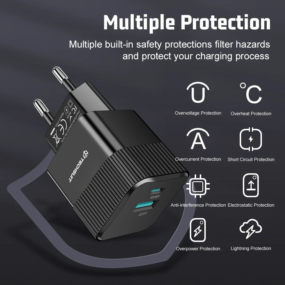 Nettlader Techsuit CHPD216 Tiny, 25W, 3A, 1 x USB-A - 1 x USB-C, Hvit