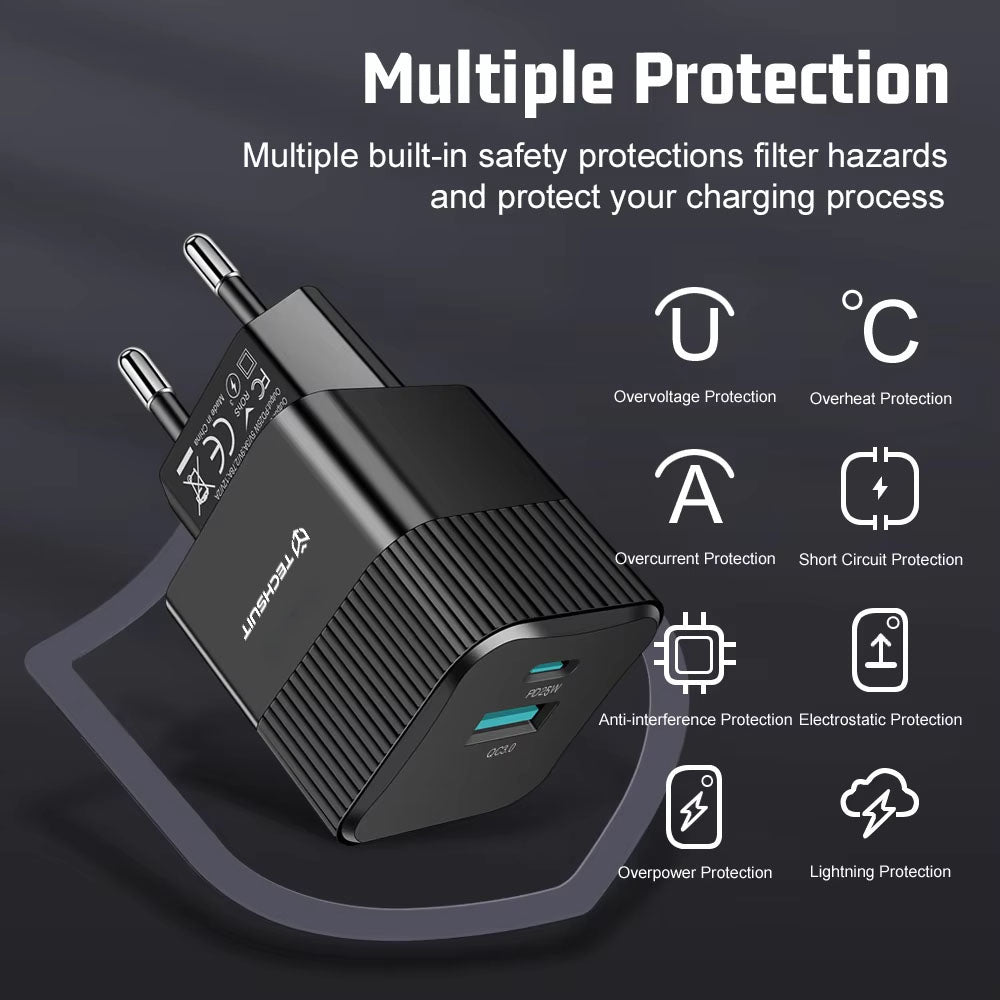 Nettlader Techsuit CHPD216 Tiny, 25W, 3A, 1 x USB-A - 1 x USB-C, Svart