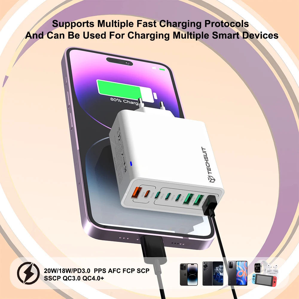 Nettlader Techsuit CHPD224, 65W, 3.25A, 4 x USB-A - 4 x USB-C, Hvit