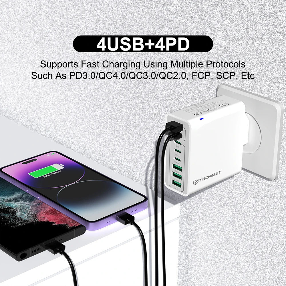 Nettlader Techsuit CHPD224, 65W, 3.25A, 4 x USB-A - 4 x USB-C, Svart