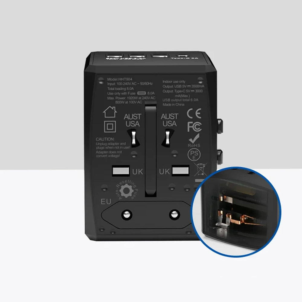 Nettlader Techsuit HHT904-B3 Travel, 30W, 3A, 3 x USB-A - 1 x USB-C, Svart