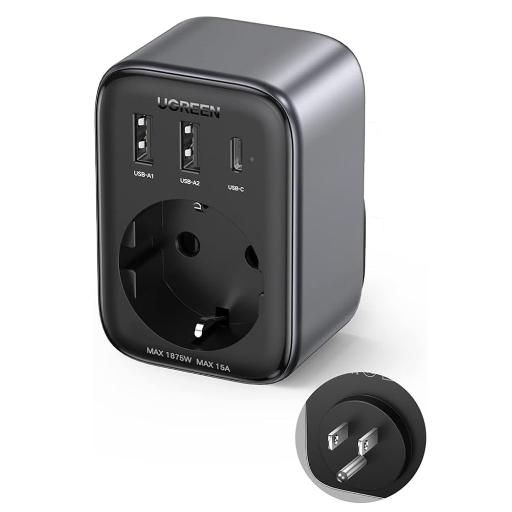 UGREEN 15289 US nettverkslader, 30W, 3A, 2 x USB-A - 1 x USB-C - 1 x Schuko, Svart