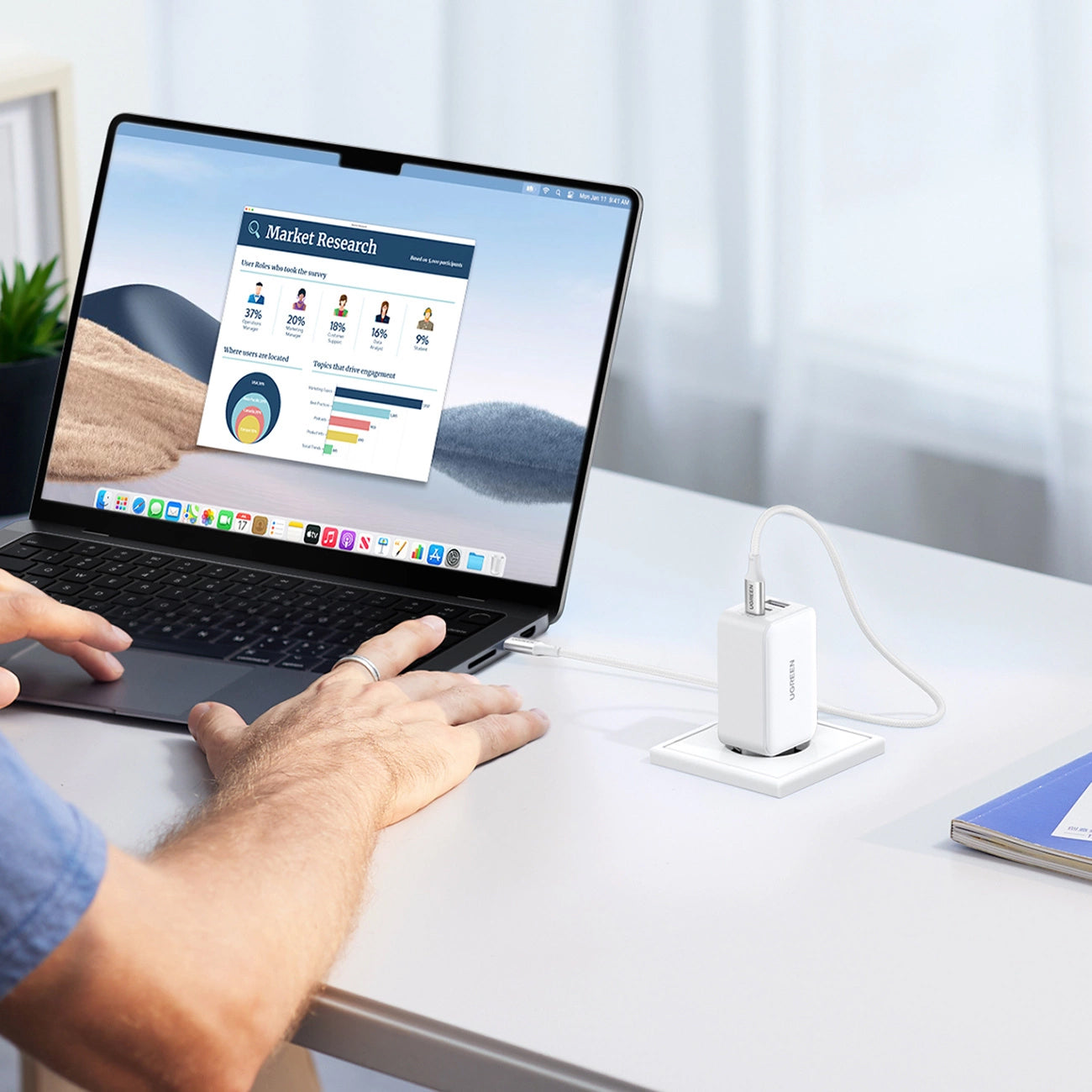 Nettverkslader UGREEN CD244, 65W, 3A, 1 x USB-A - 2 x USB-C, hvit