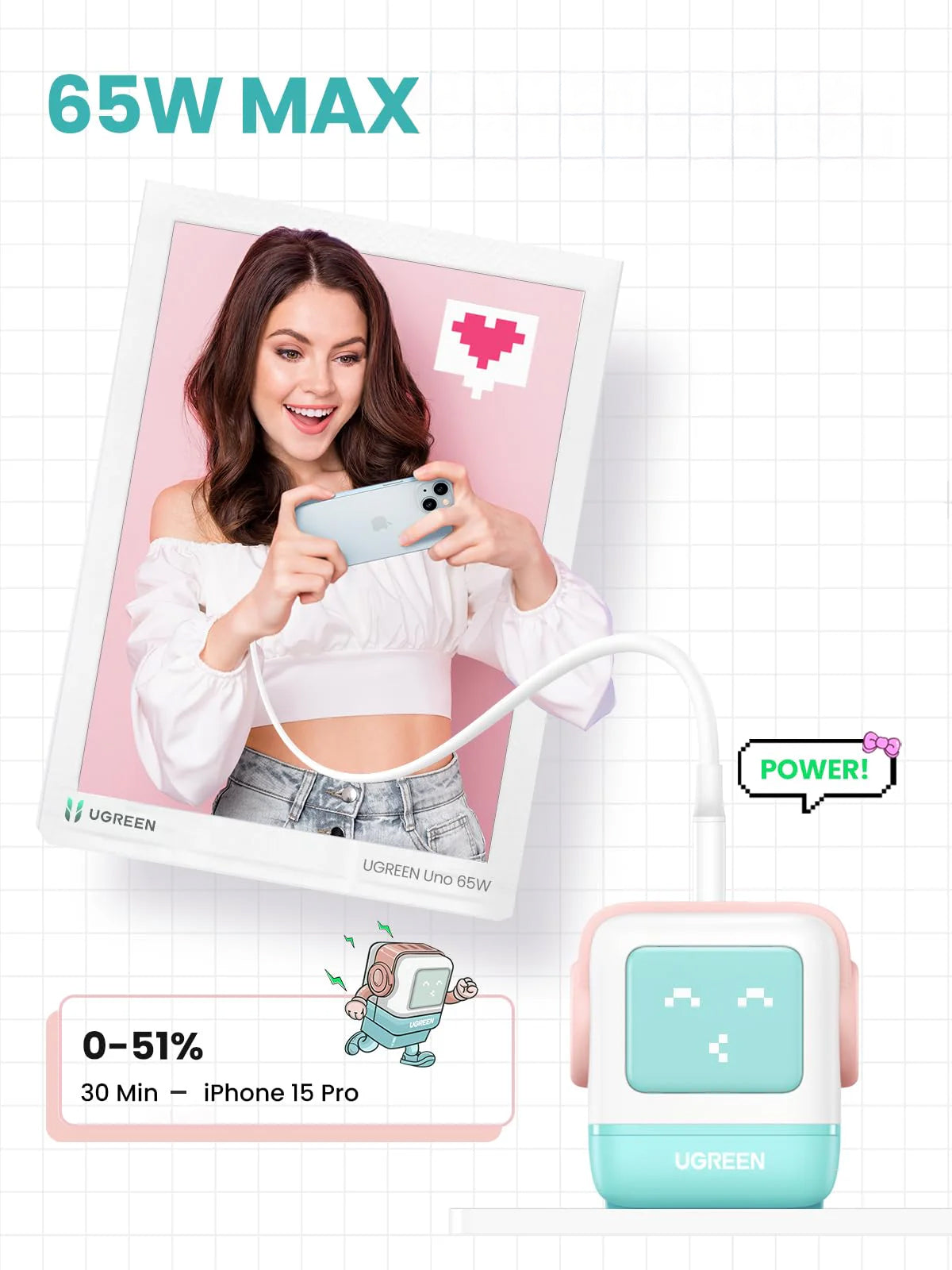 UGREEN CD361 Uno nettverkslader, 65W, 3.25A, 1 x USB-A - 2 x USB-C, Turkis