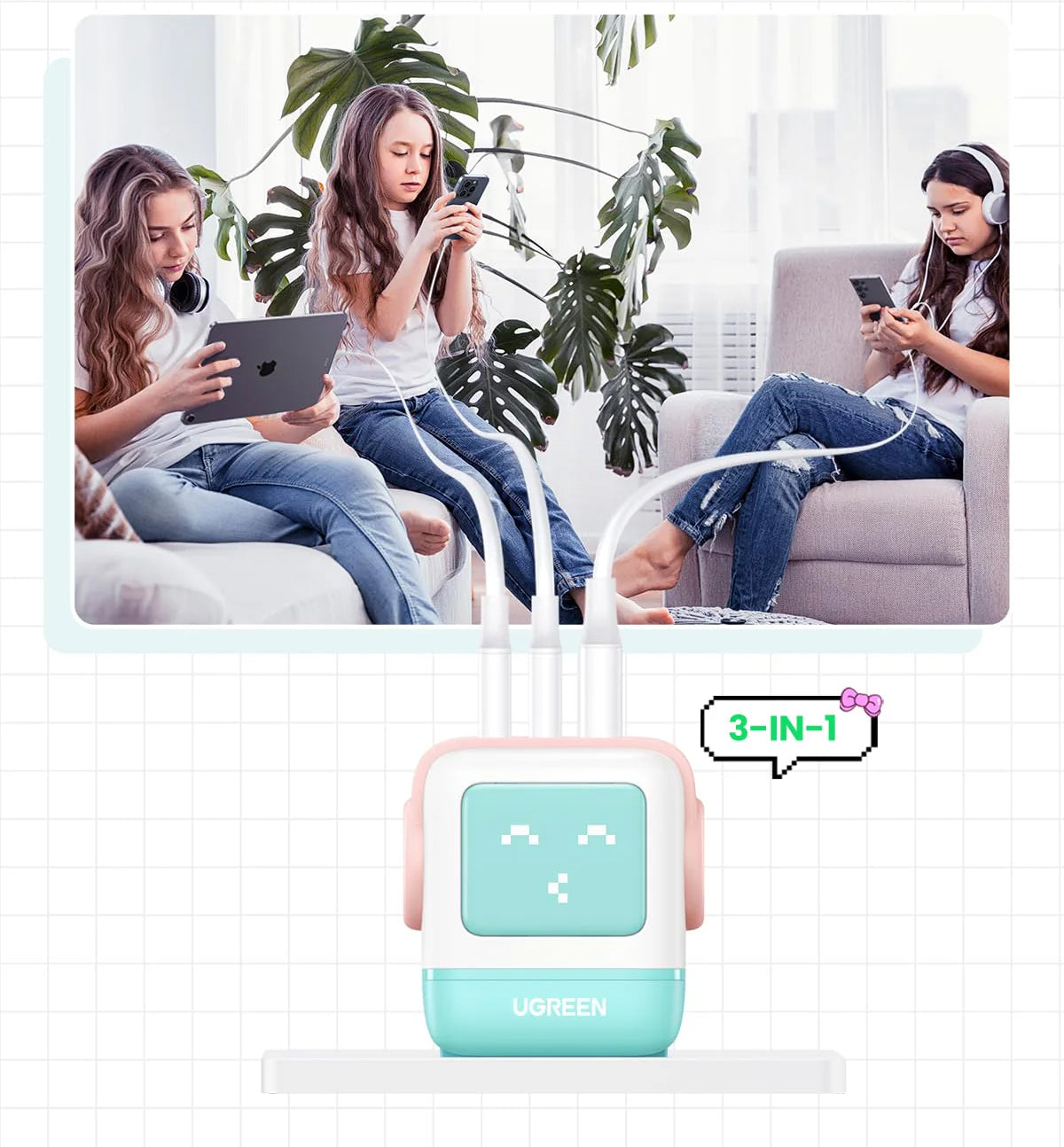 UGREEN CD361 Uno nettverkslader, 65W, 3.25A, 1 x USB-A - 2 x USB-C, Turkis