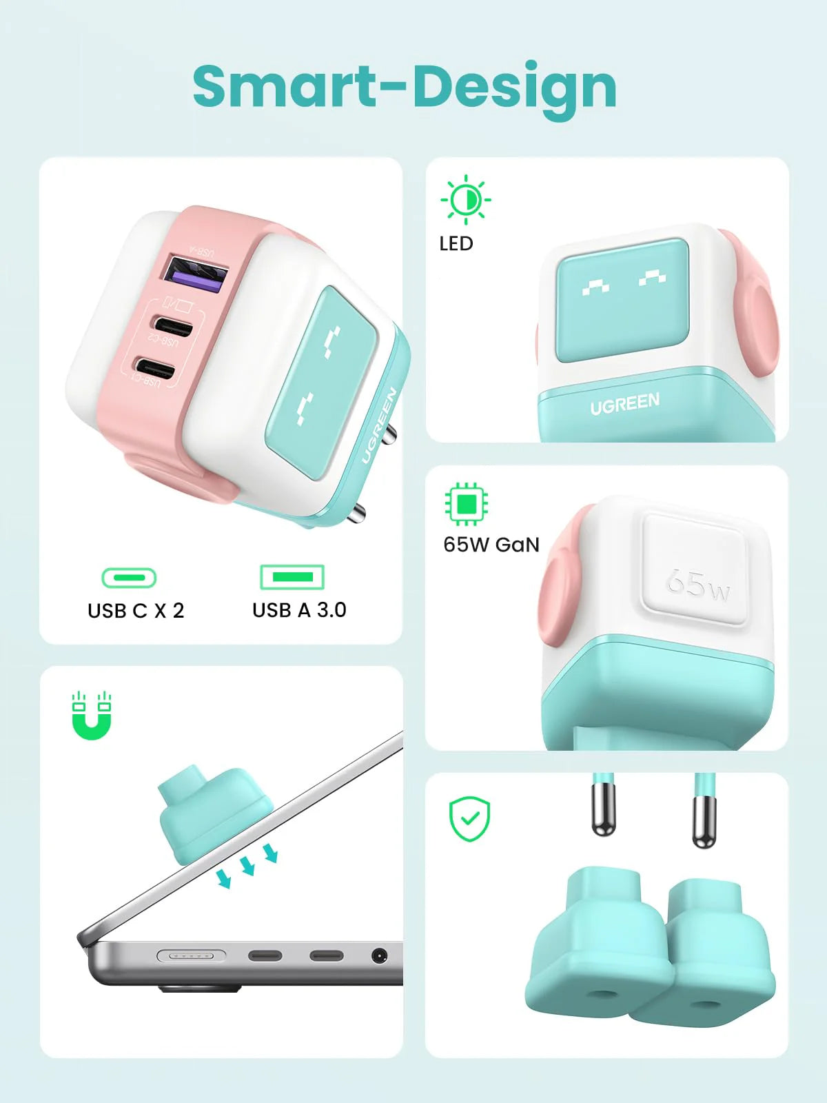 UGREEN CD361 Uno nettverkslader, 65W, 3.25A, 1 x USB-A - 2 x USB-C, Turkis