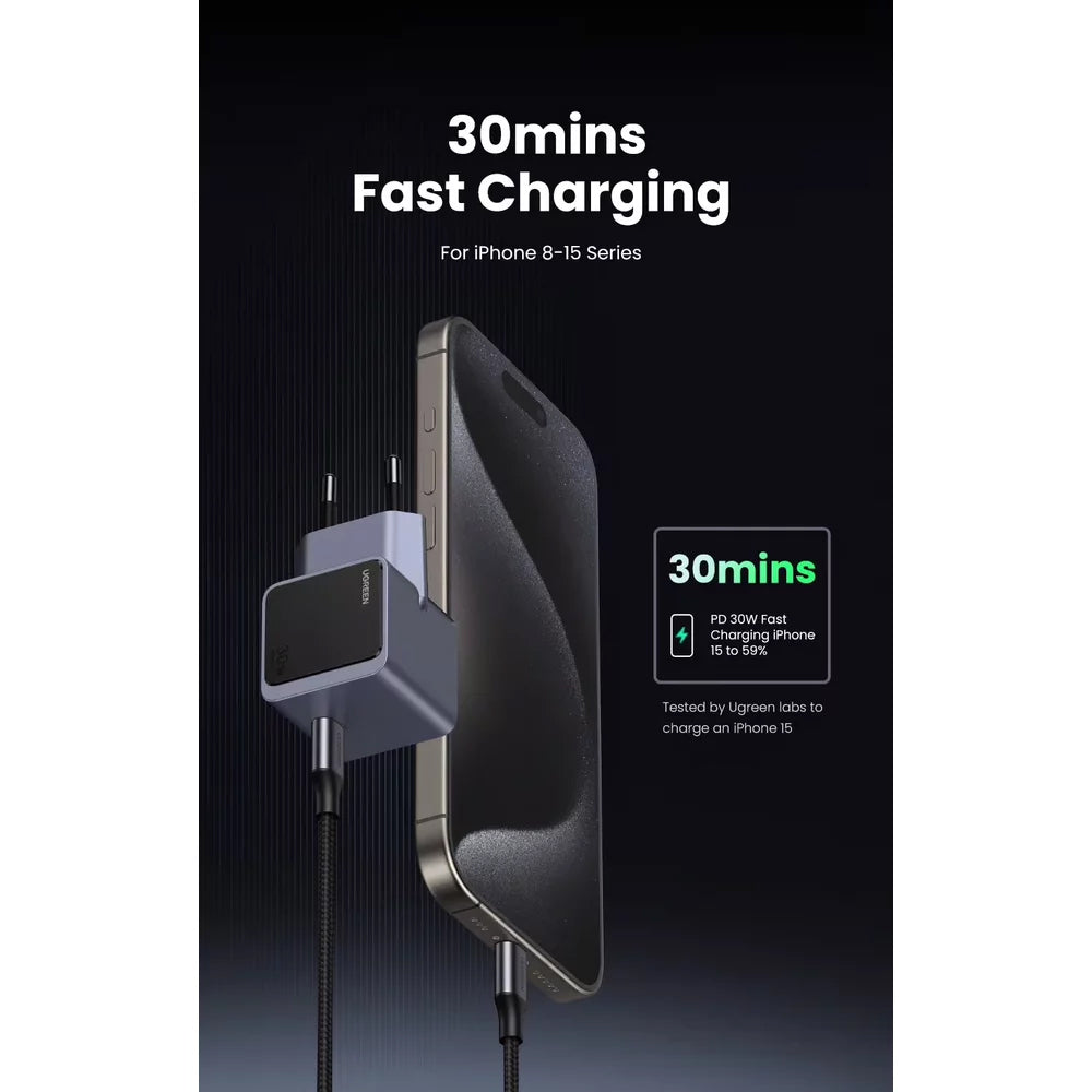 Nettverkslader UGREEN X503 Nexode Air, 30W, 3A, 1 x USB-C, grå