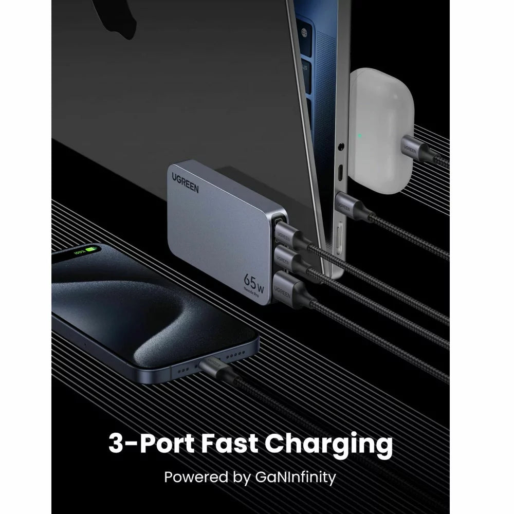 Nettverkslader UGREEN X753 Nexode Pro, 65W, 3A, 1 x USB-A - 2 x USB-C, grå