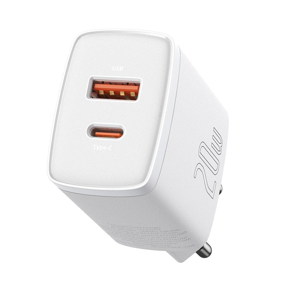 Baseus kompakt nettverkslader, 20W, 3A, 1 x USB-A - 1 x USB-C, hvit CCXJ-B02