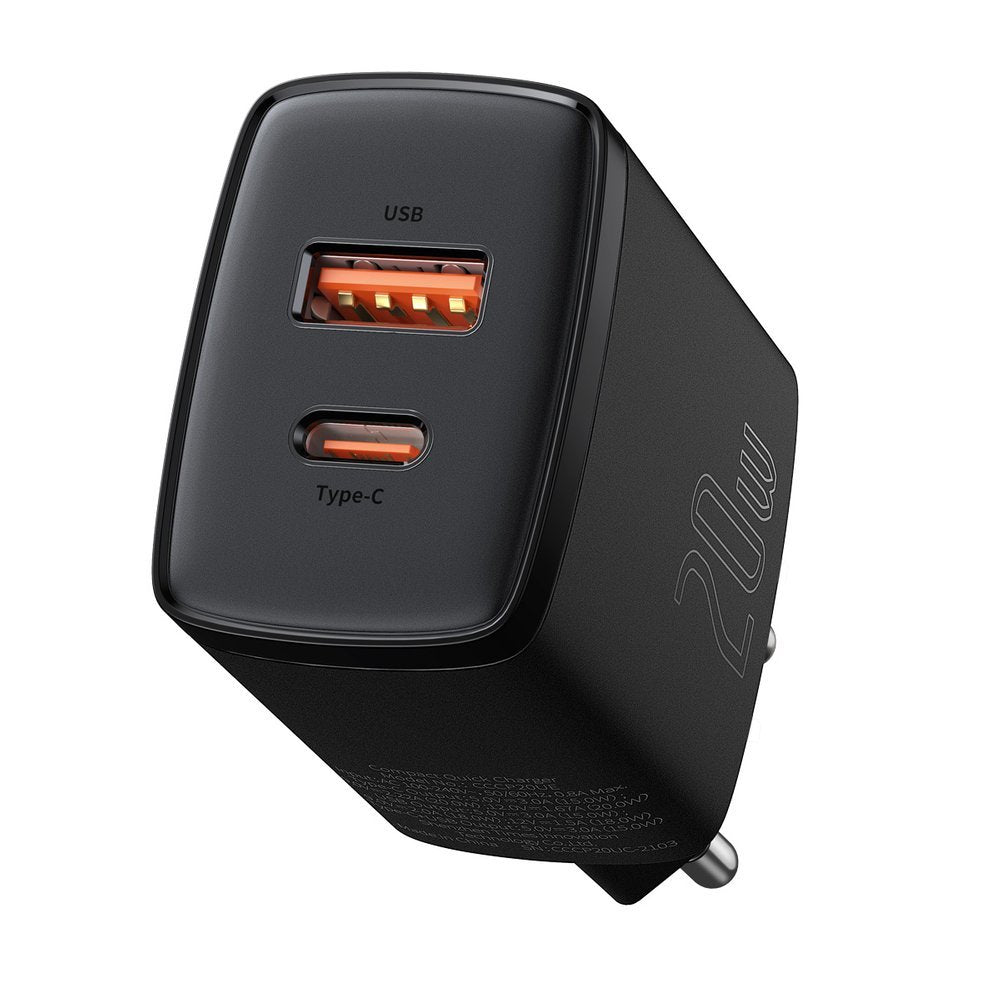 Baseus kompakt nettverkslader, 20W, 3A, 1 x USB-A - 1 x USB-C, svart CCXJ-B01
