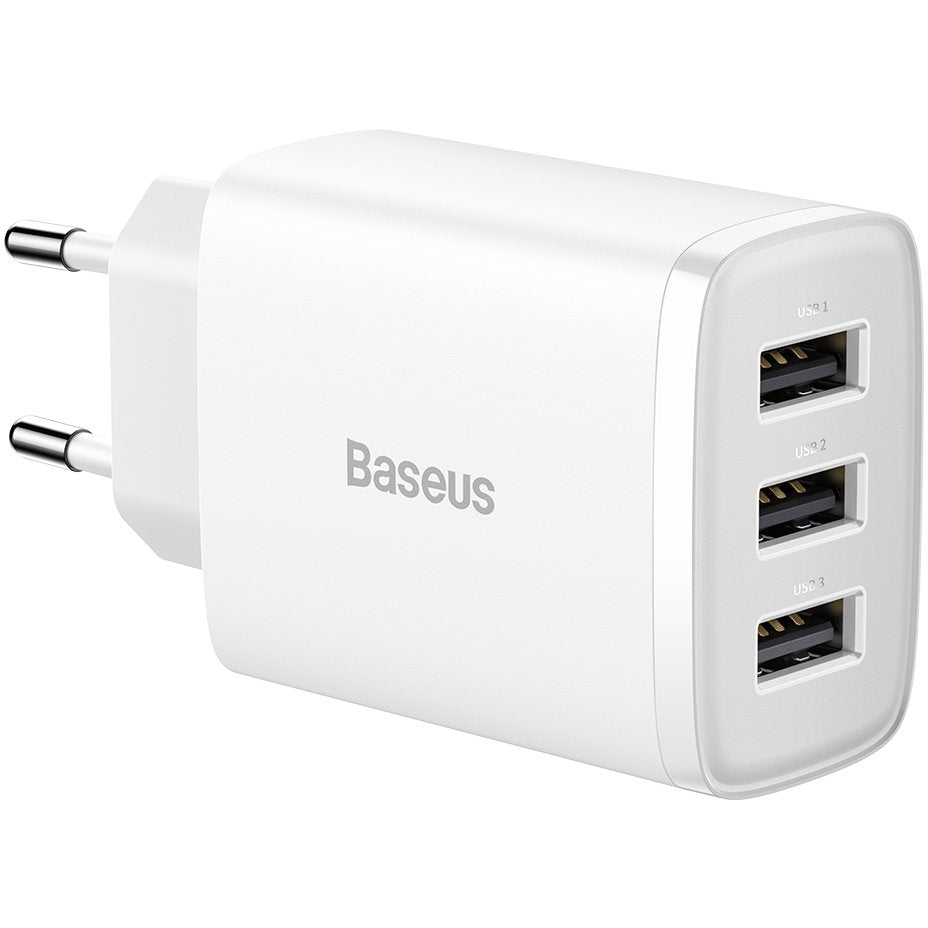 Baseus Compact 3U nettverkslader, 17W, 2.1A, 3 x USB-A, Hvit CCXJ020102