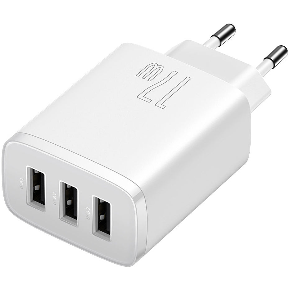 Baseus Compact 3U nettverkslader, 17W, 2.1A, 3 x USB-A, Hvit CCXJ020102