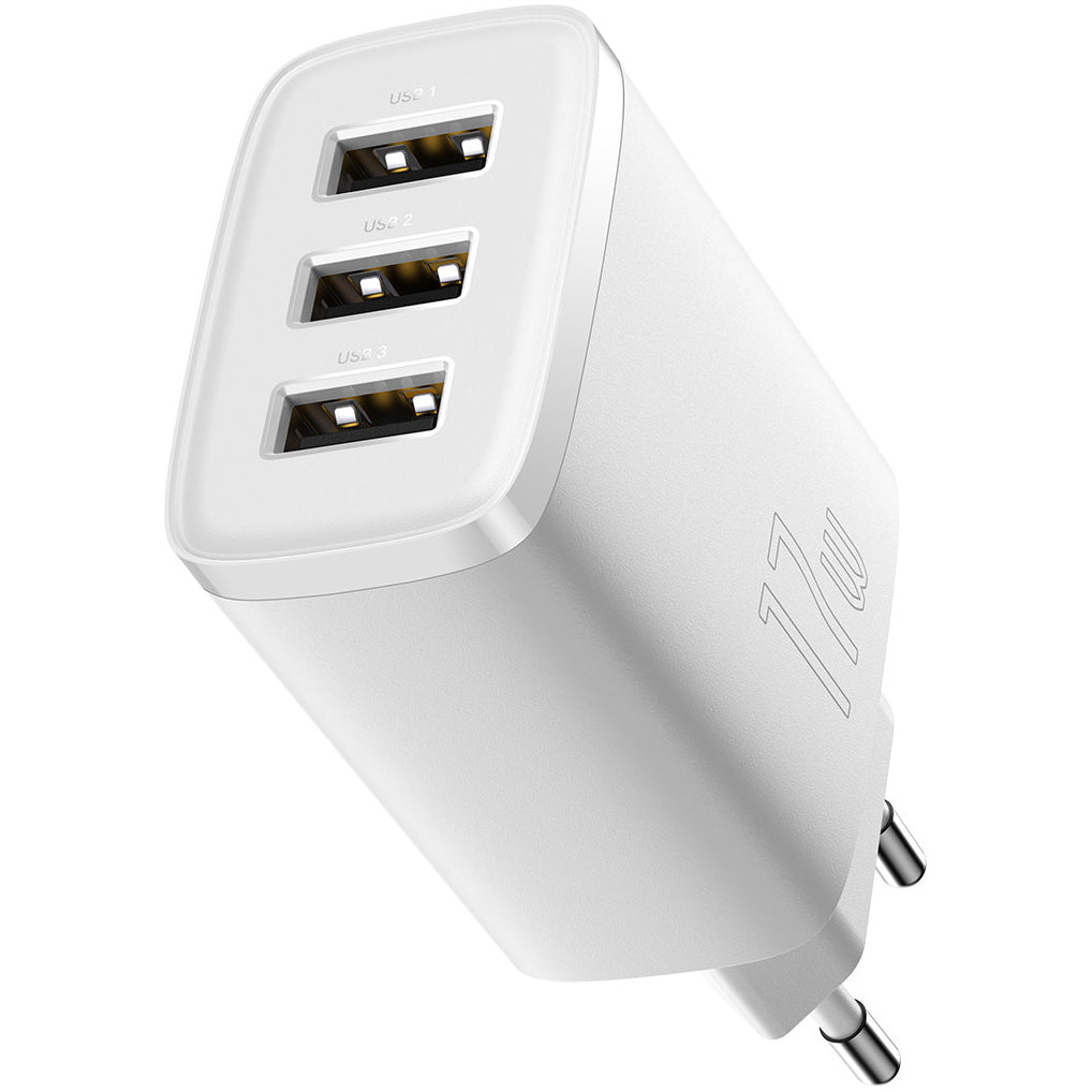 Baseus Compact 3U nettverkslader, 17W, 2.1A, 3 x USB-A, Hvit CCXJ020102