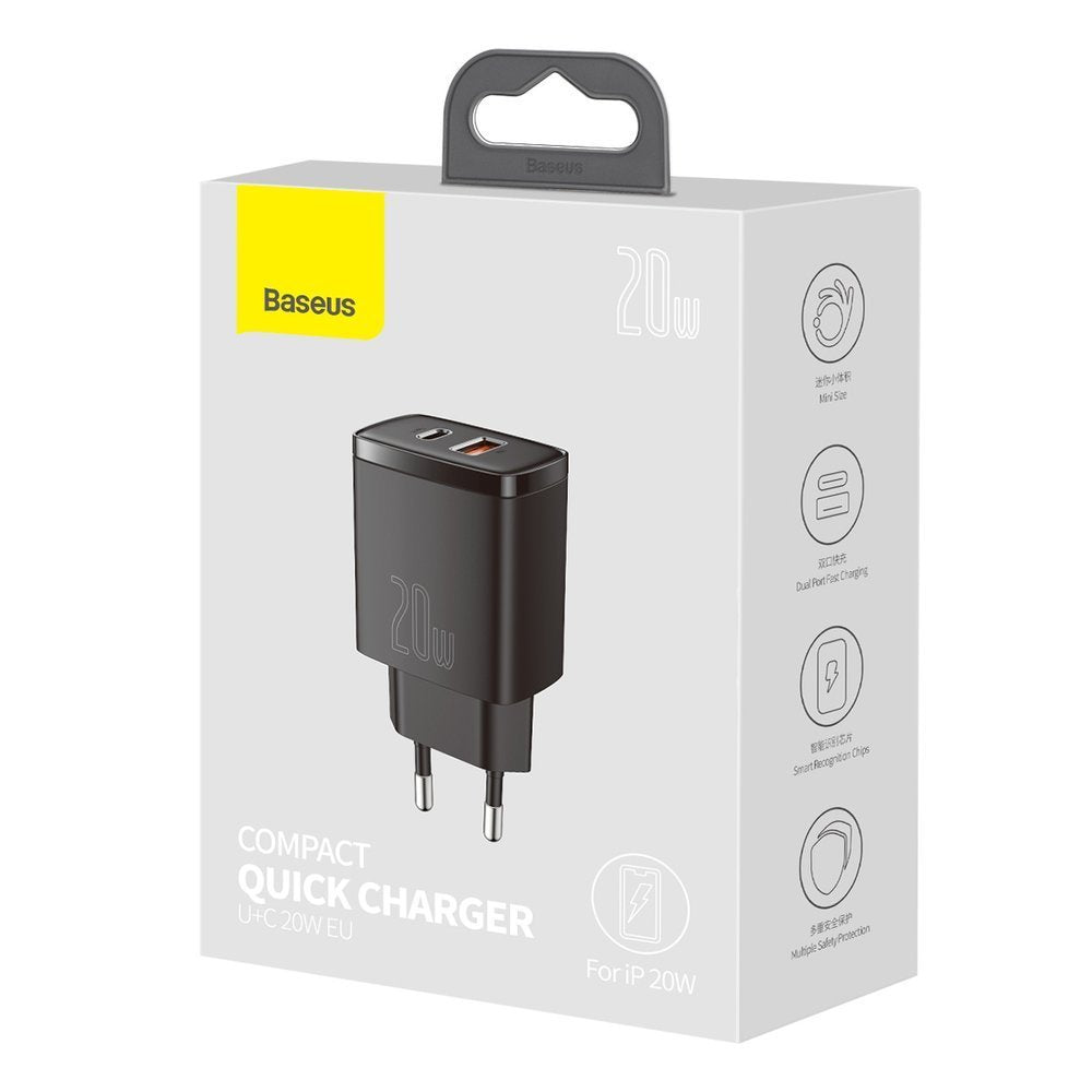 Baseus kompakt nettverkslader, 20W, 3A, 1 x USB-A - 1 x USB-C, svart CCXJ-B01