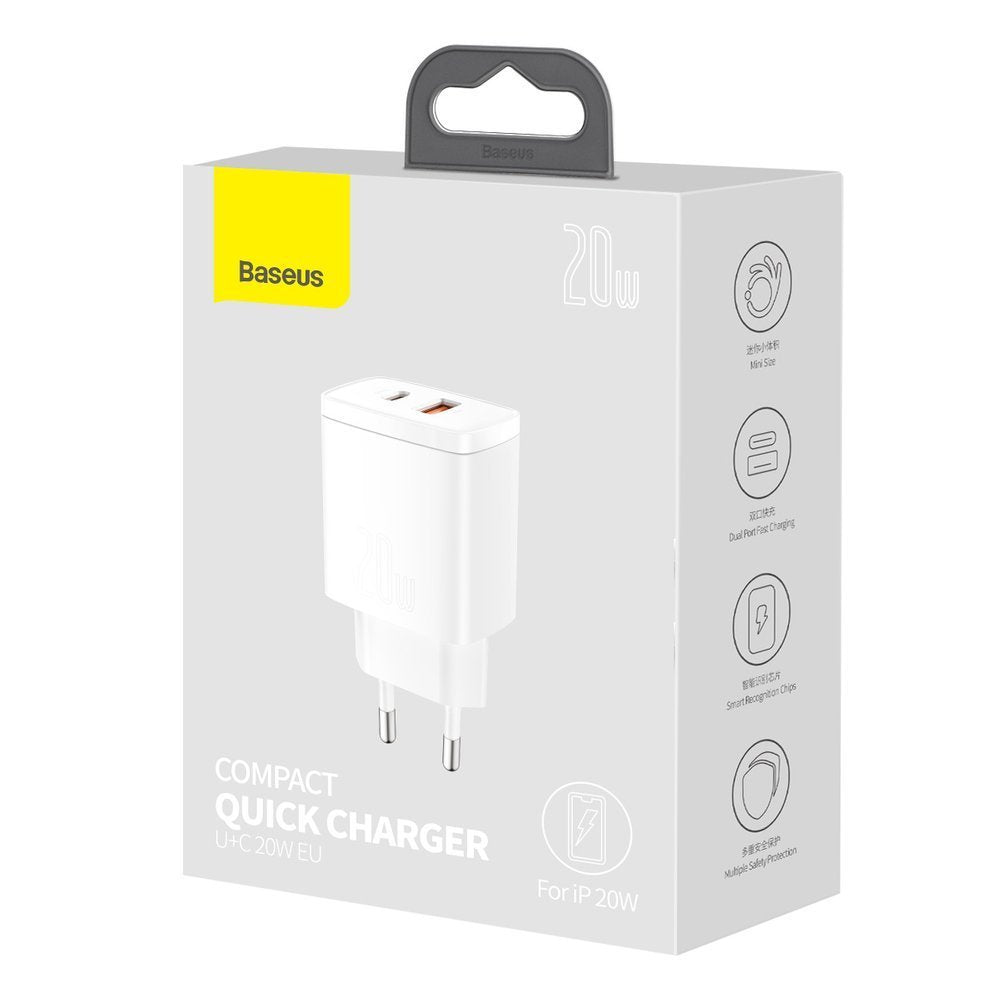 Baseus kompakt nettverkslader, 20W, 3A, 1 x USB-A - 1 x USB-C, hvit CCXJ-B02