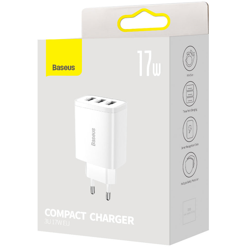 Baseus Compact 3U nettverkslader, 17W, 2.1A, 3 x USB-A, Hvit CCXJ020102