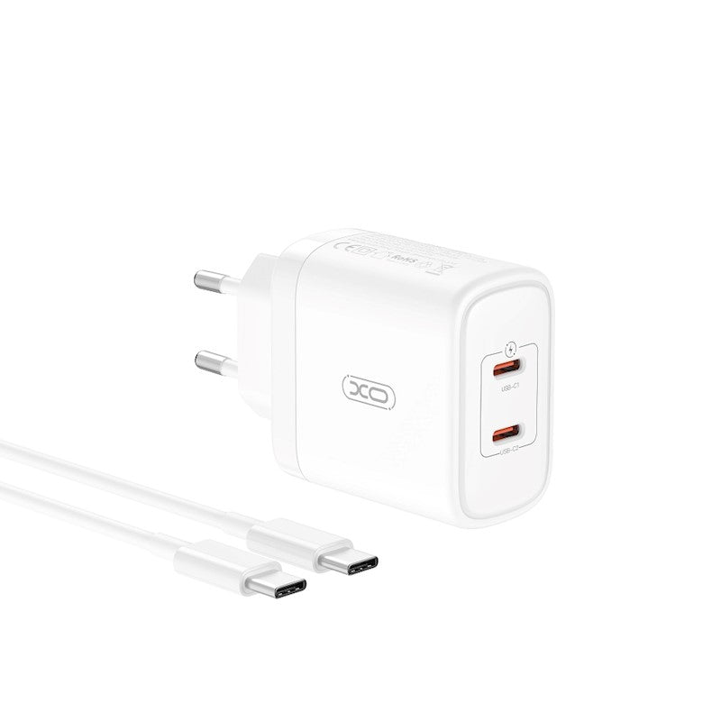 Nettverkslader med USB-C-kabel XO Design CE08, 50W, 3A, 2 x USB-C, hvit