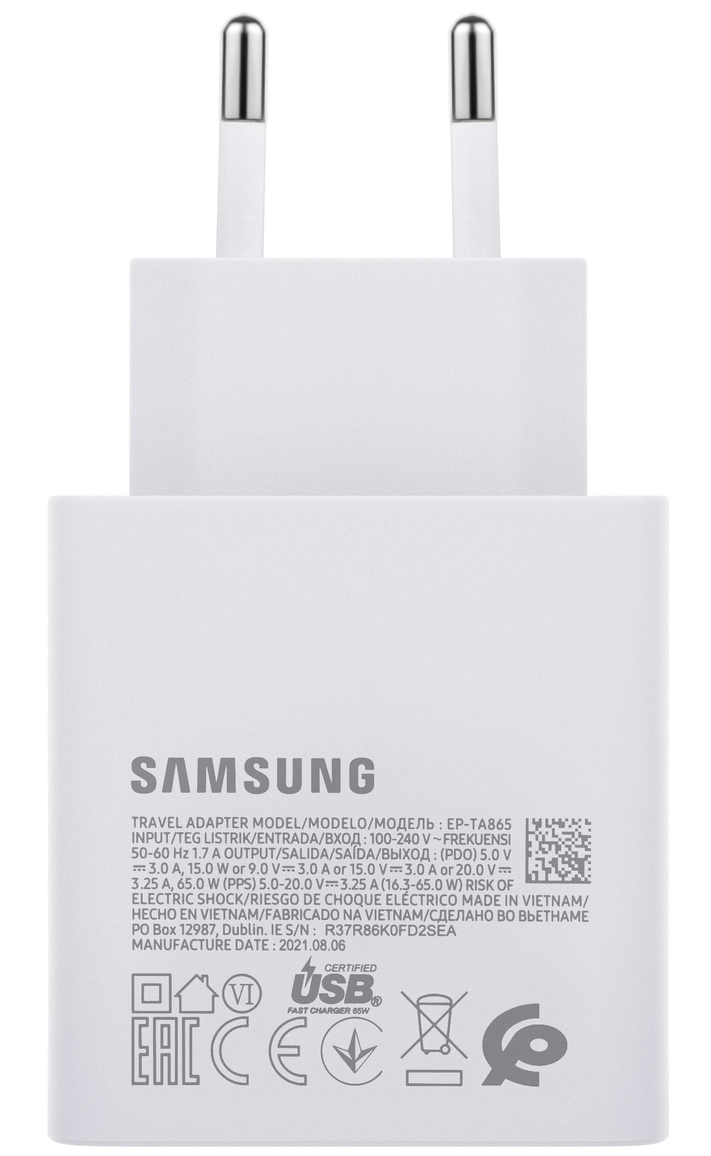 Nettlader Samsung EP-TA865W, 65W, 3.25A, 1 x USB-C, Hvit GP-PTU020SODWQ