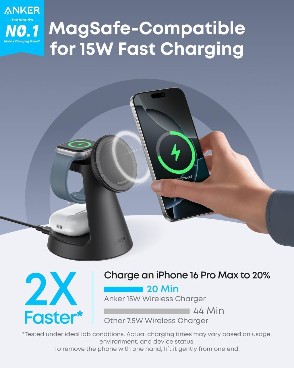 Anker MagGo 3in1 trådløs nettverkslader, 15W, 1.67A, Svart B25M4G11