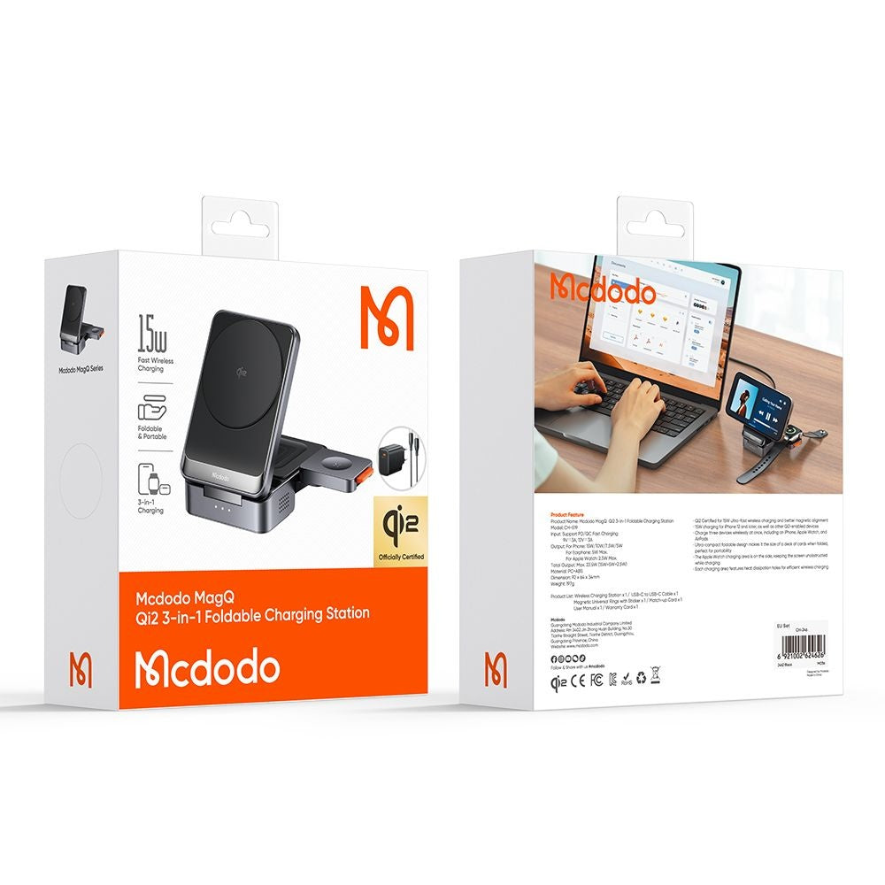 Trådløs Nettverkslader McDodo CH-5192 3i1, 22.5W, 1.67A, Grå