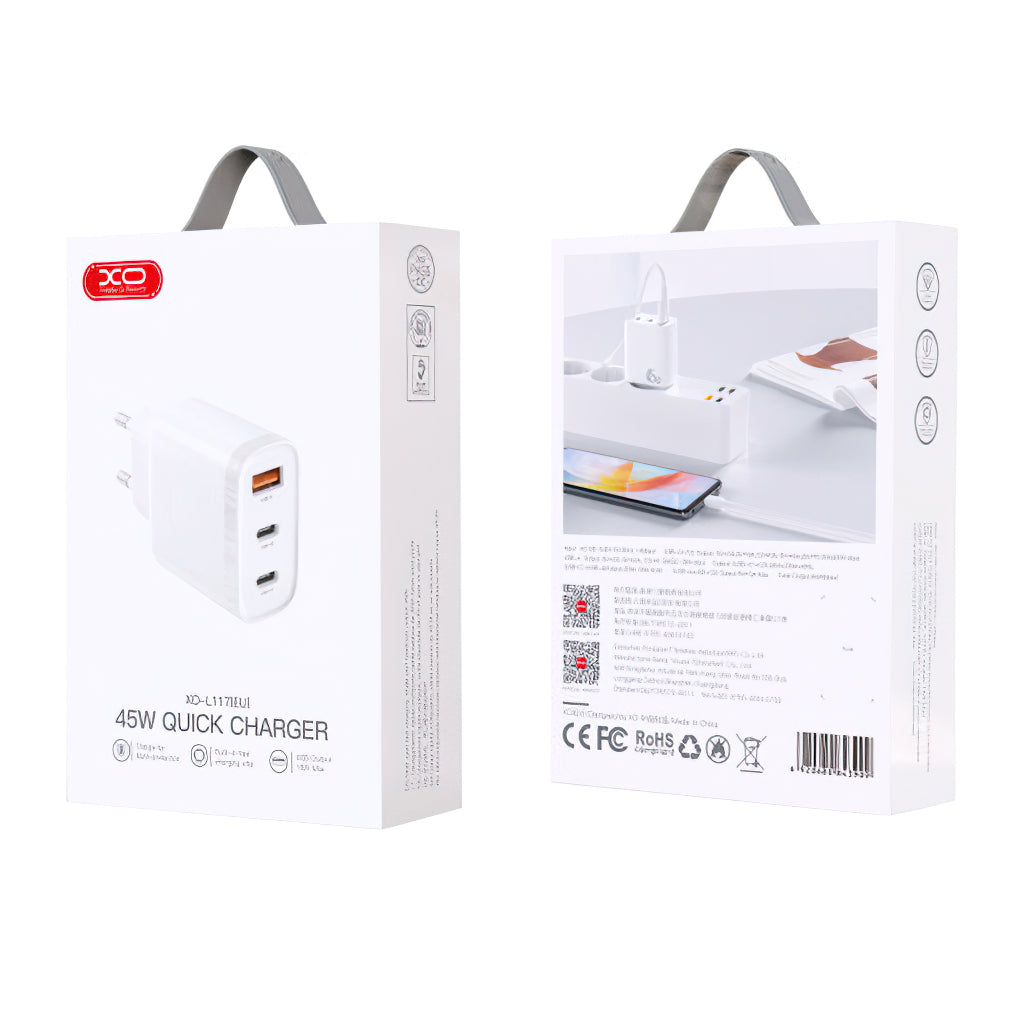 Nettverkslader XO Design L117, 45W, 3A, 1 x USB-A - 2 x USB-C, hvit