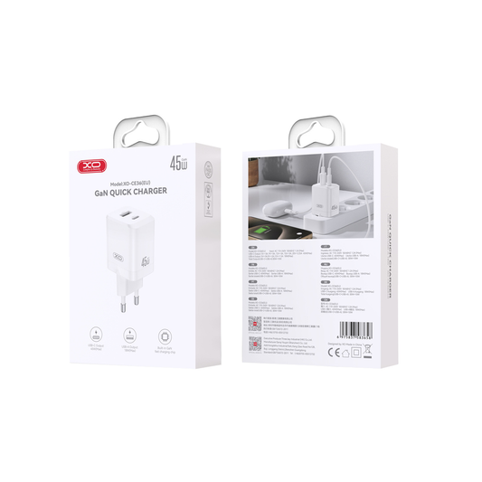 XO Design CE36 nettverkslader, 45W, 3A, 1 x USB-A - 1 x USB-C, Hvit