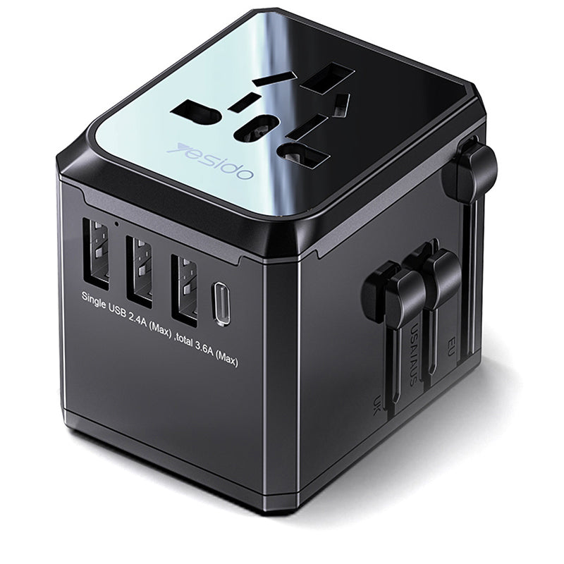 Yesido MC10 Travel Nettlader, 12W, 2.4A, 1 x USB-C - 3 x USB-A, Svart