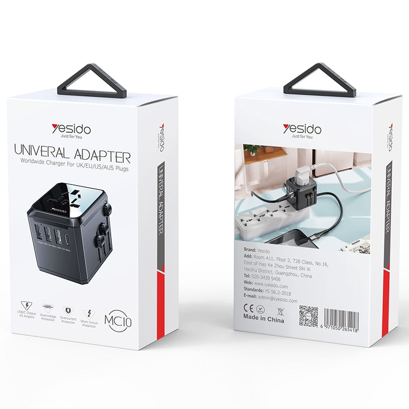 Yesido MC10 Travel Nettlader, 12W, 2.4A, 1 x USB-C - 3 x USB-A, Svart