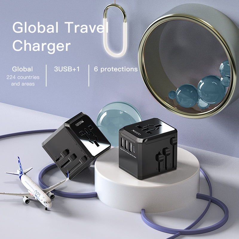 Yesido MC10 Travel Nettlader, 12W, 2.4A, 1 x USB-C - 3 x USB-A, Svart