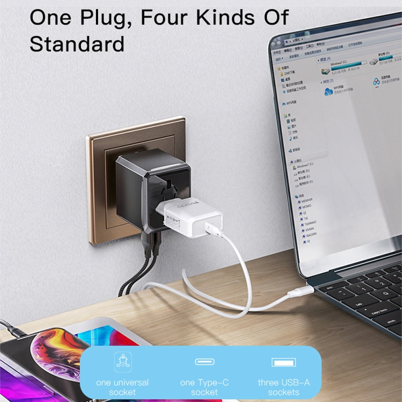Yesido MC10 Travel Nettlader, 12W, 2.4A, 1 x USB-C - 3 x USB-A, Svart