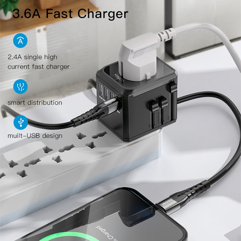 Yesido MC10 Travel Nettlader, 12W, 2.4A, 1 x USB-C - 3 x USB-A, Svart