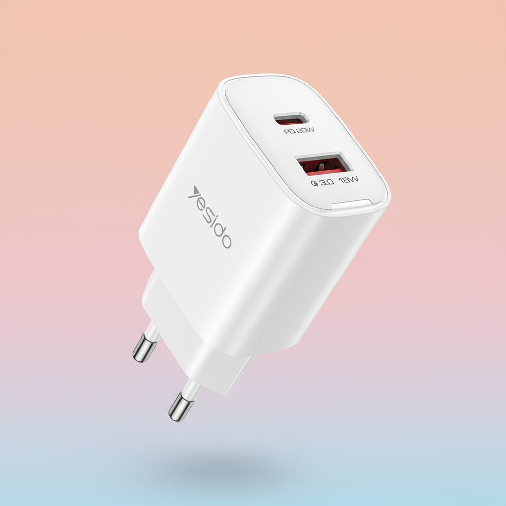 Nettlader Yesido YC02E, 20W, 3A, 1 x USB-A - 1 x USB-C, Hvit