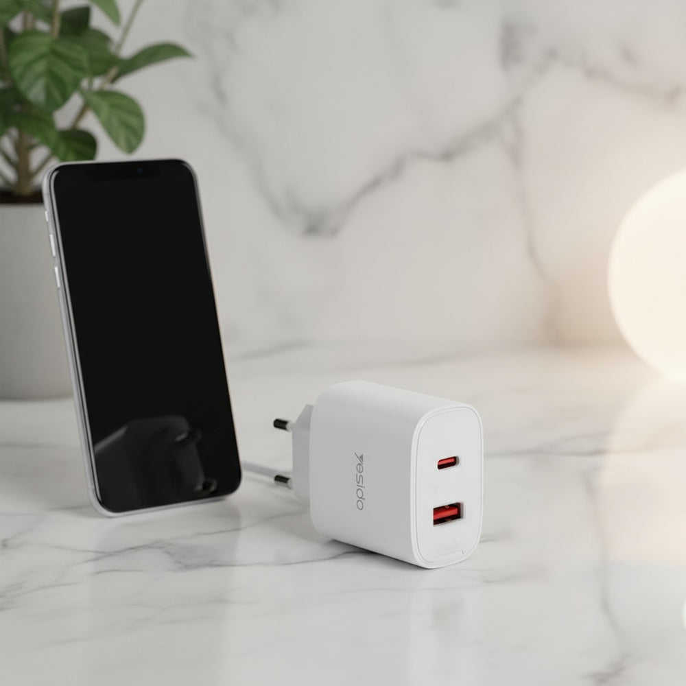Nettlader Yesido YC02E, 20W, 3A, 1 x USB-A - 1 x USB-C, Hvit