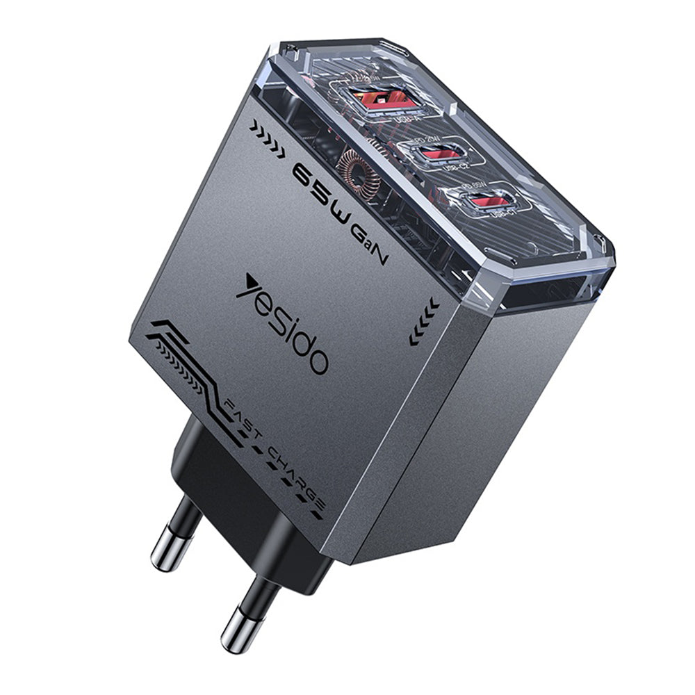 Yesido YC101 nettverkslader, 65W, 3.25A, 1 x USB-A - 2 x USB-C, Svart