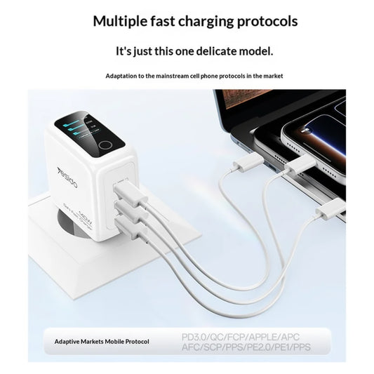 Yesido YC114 nettadapter med skjerm, 140W, 5A, 1 x USB-A - 2 x USB-C, hvit