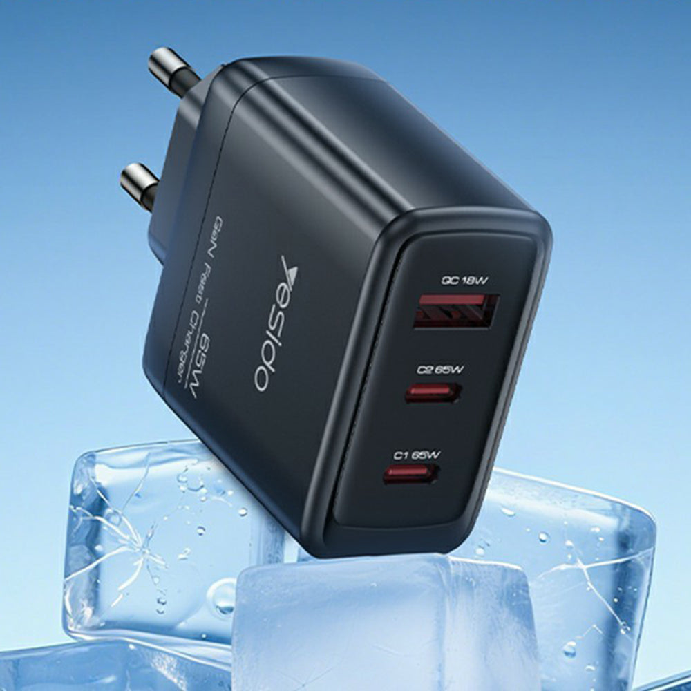 Nettlader Yesido YC144, 65W, 3.25A, 1 x USB-A - 2 x USB-C, Svart