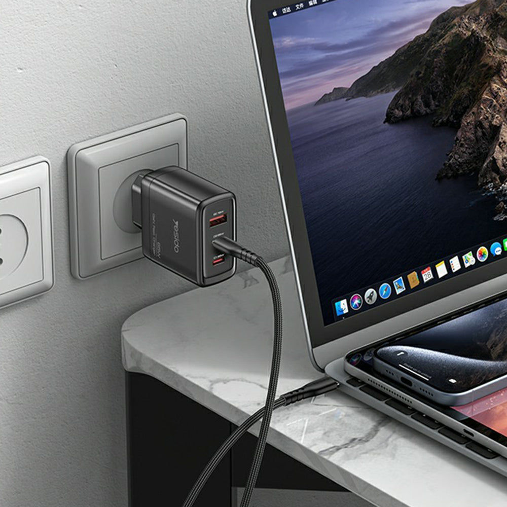Nettlader Yesido YC144, 65W, 3.25A, 1 x USB-A - 2 x USB-C, Svart