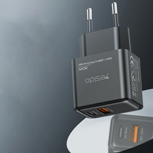 Nettlader Yesido YC64, 30W, 3A, 1 x USB-A - 1 x USB-C, Svart