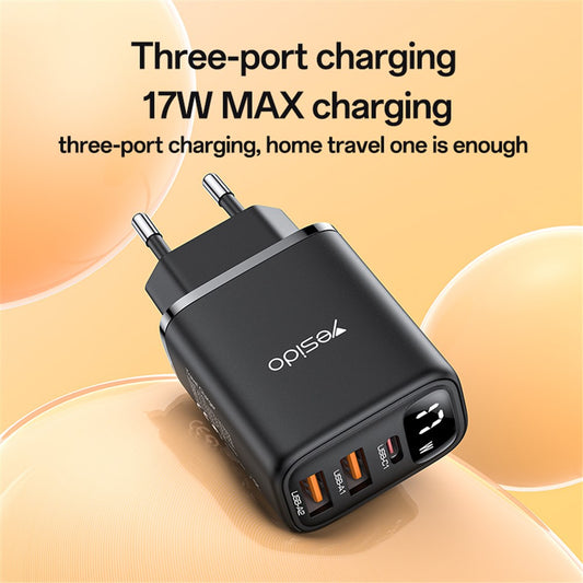 Lader for nettverk Yesido YC67 Display, 17W, 2.4A, 2 x USB-A - 1 x USB-C, Svart