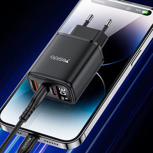 Yesido YC69 Display Nettlader, 30W, 3A, 1 x USB-A - 2 x USB-C, Svart